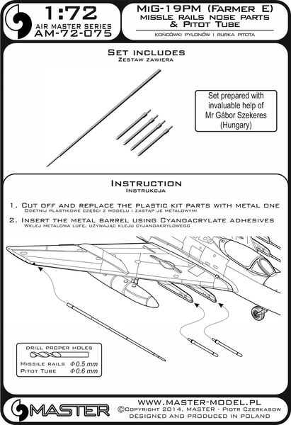 AM-72-075 Дополнение для моделей MiG-19PM (FarmerE) – missle rails nose parts (4pcs) & Pitot Tube