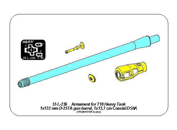 ABR-35-L-236  Дополнения для  Armament for T10 Heavy Tank 1x122 mm D-25TA, 1x12,7 cm Coaxial DShK для Trumpeter 1/35