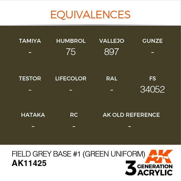 AK11425 Краска акриловая 3Gen Field Grey Base #1 (Green uniform)