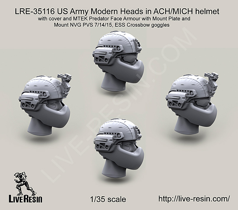 LRE35116 Американский шлем ACH/MICH с лицевой защитой MTEK Predator Face Armour с чехлом, в комплекте кронштейн ночника PVS 7/14/15 и головы в очкахESS Crossbow goggles