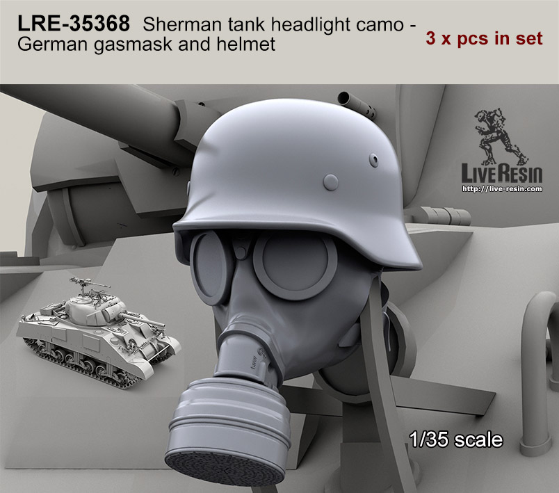 LRE35368 Немецкий противогаз и стальной шлем одетые на фару танка Шерман 