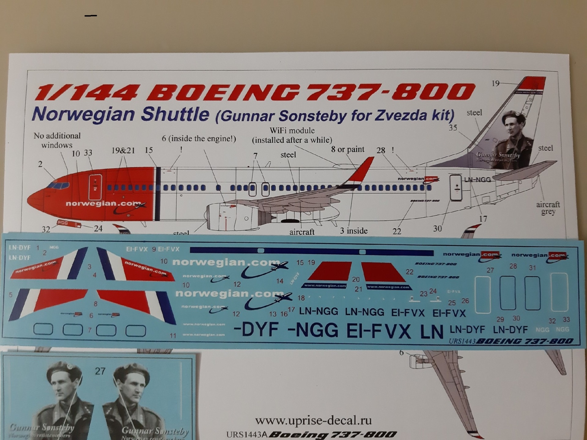 URS1443a Декали для Boeing 737-800 Norwegian Shuttle LN-NGG (Gunnar Sonsteby) with stencils