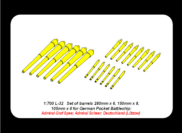 ABR-1:700-L-32  Дополнения для  Set of Barrels for Admiral Graf Spee class battleships 280mm x 6; 150mm x 8; 105mm x 6  для  1/700