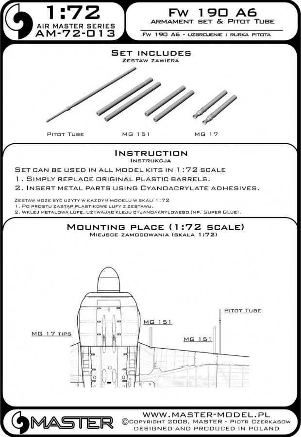 AM-72-013 Набор вооружения и ПВД для самолета Fw 190 A6 (стволы на MG 17, MG 151)