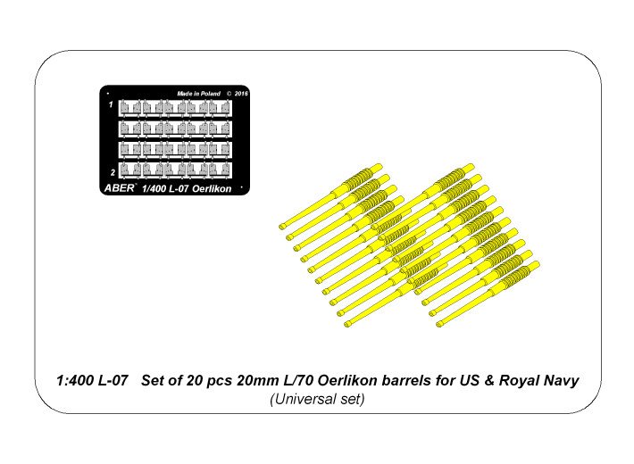 ABR-1:400-L-07  Дополнения для  Set of 20 pcs 20mm L/70 Oerlikon barrels for US & Royal Navy универсальный набор 1/400