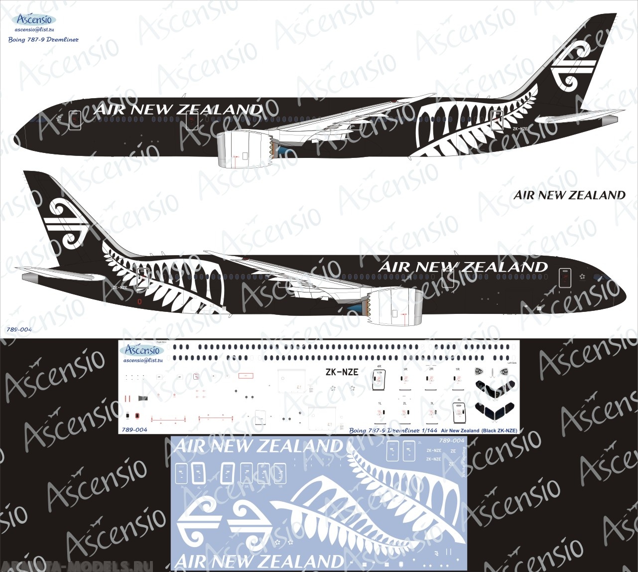 789-004 Декаль для самолета Boeing 787-9 Air New Zealand (Black Scheme) 1/144
