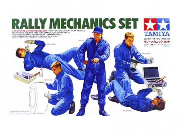 24266  Rally mechanics Set (5 фигур и разл. инструменты) наклейки на комбинезонах Subaru и Peugeot Tamiya