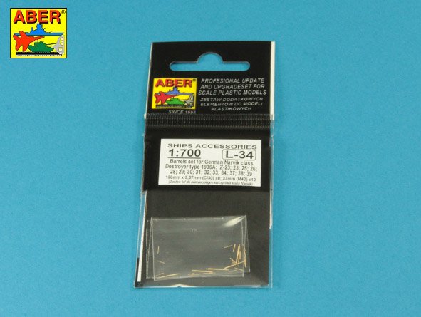 ABR-1:700-L-34  Дополнения для  Set of Barrels for Narvic classe destroyers type 1936A: 150mm x 5; 37mm x 8; 37mm(M42) x 10;  для  1/700