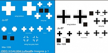 DEC1/144-004 Декаль 1/144 немецкие опознавательные знаки для Ju-87 и Ме-109