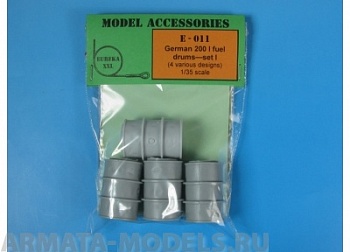 E-011 Дополнения для моделей German 200 l fuel drums – set #1. Set contains 4 resin barrels, 20 photo-etched elements for completing 4 barrels in 1/35 scale.