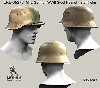 LRE35278 Стальной немецкий шлем периода Второй Мировой войны M42 - Stahlhelm 42. Классический вариант с ремешком на подбородке и с ремешком на козырьке. Реплика настоящего шлема.